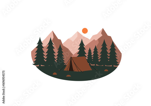 Serene Sunset Camping Scene in Mountain Forest.