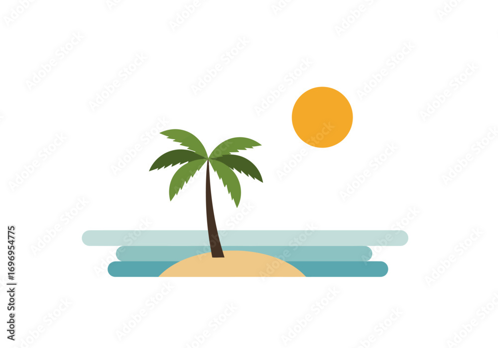 Fototapeta premium Tranquil Island Scene: Palm Tree Ocean and Sun.
