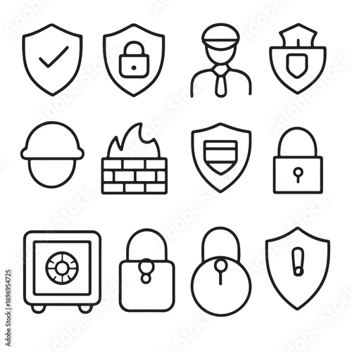 Security icons including shields locks safe and guard