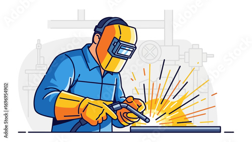 Welder at Work: A skilled welder, protected by a welding helmet, is focused and creating sparks while working.