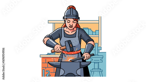 Artisan Crafting: A determined artisan in a workshop uses hammer and anvil, showing the detail of craft
