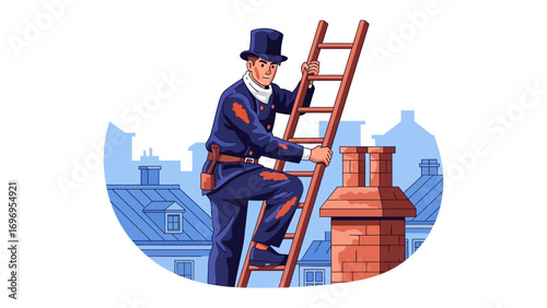 The chimney sweep and the City Skyline: A chimney sweep, traditionally dressed in his work attire, ascends a wooden ladder to reach a rooftop, with a cityscape. capturing history and profession. 
