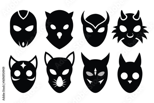 Assorted Black Silhouette Masks Superhero, Animal, and DevilInspired Designs in Vector Format