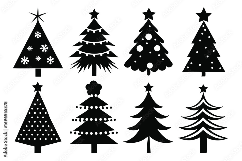 Collection of Eight Stylized Black Christmas Tree Silhouettes with Stars and Decorations