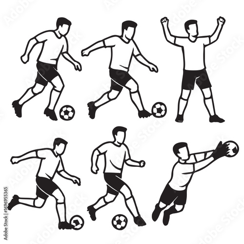Six soccer players in action and celebration poses