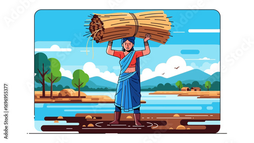 Woman Carrying Bundle of Wheat: An illustration captures a woman effortlessly balancing a heavy bundle of wheat on her head. The scene is set outdoors, against a landscape of a river and mountains.