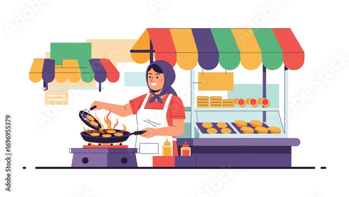 Street Food Vendor: A cheerful food vendor, amidst an array of culinary delights, skillfully prepares a hot and savory meal within a colorful and inviting setting.