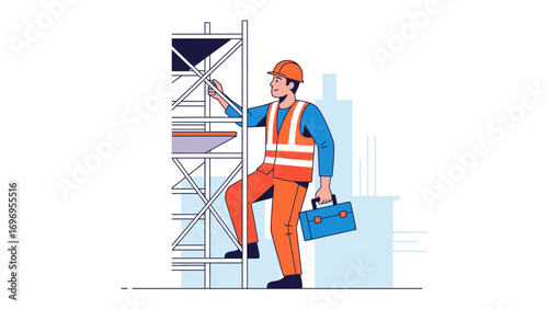 Construction worker in action: An illustration shows a construction worker ascending scaffolding with a toolbox, highlighting safety and industrial environments.