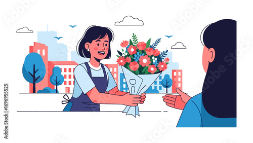 Bouquet of Happiness: A florist extends a vibrant bouquet to a recipient, symbolizing appreciation, celebration, or affection. The scene is set against a stylized cityscape.