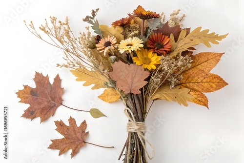 Autumn Bouquet with Dried Flowers and Maple Leaves on White Background