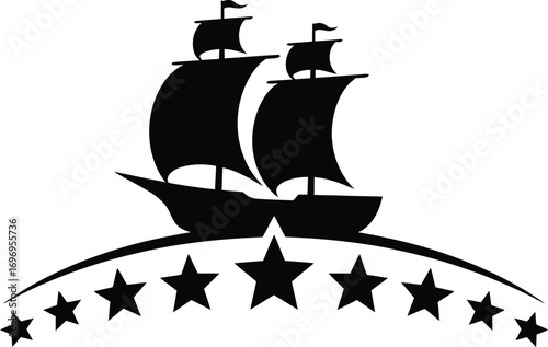 Classic sailing ship silhouette with stars emblem nautical maritime adventure concept