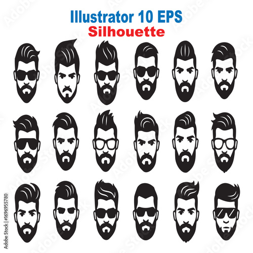 Set of men's hairstyles and beards. Hipster man face icon collection for barbershop logo. Vector illustration.