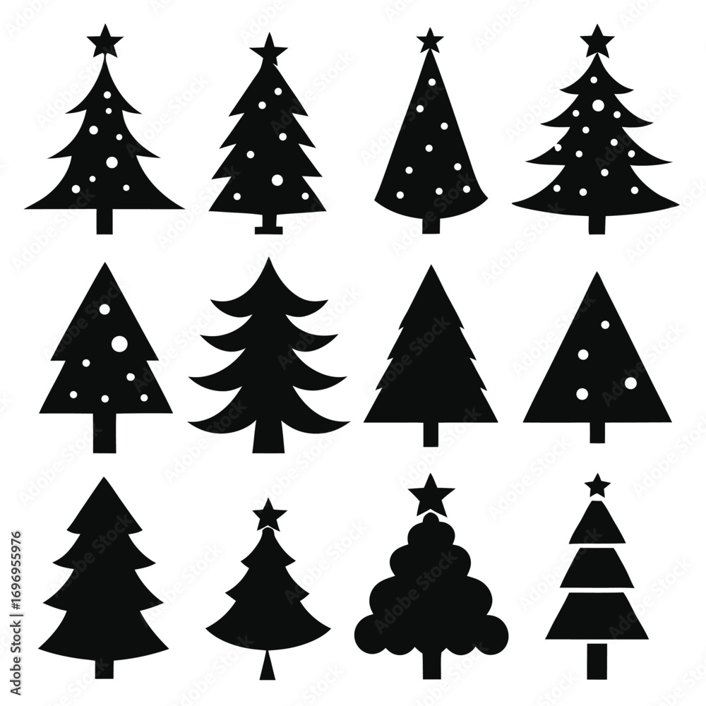 Obraz premium Twelve Black Christmas Tree Silhouettes with Stars and Ornaments Vector Illustration Graphic