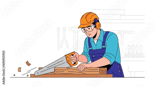 Craftsman at Work: A skilled craftsman meticulously cuts through wood, his focus and expertise evident in every motion, embodying the essence of traditional craftsmanship.
