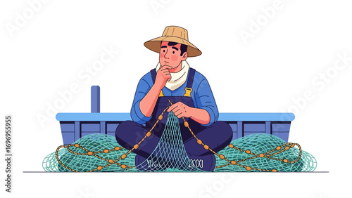 Fisherman's Contemplation: An illustrative depiction of a thoughtful fisherman skillfully mending his fishing net, creating a tranquil image of solitude and purpose.