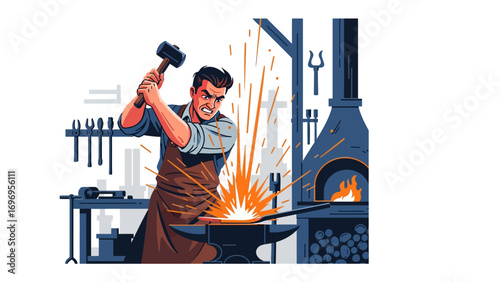 Blacksmith Crafting: A skilled blacksmith, his face etched with determination, expertly wields a hammer, shaping metal with precise, fiery strikes.