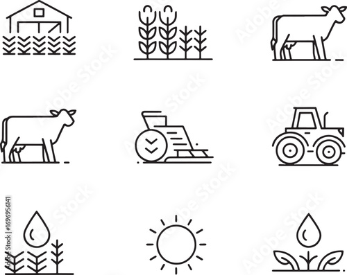 Collection of simple line art icons representing farming agriculture livestock and crops on white background