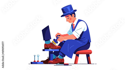 Shoemaker at Work: An illustration showcases a shoemaker meticulously polishing a shoe, highlighting a timeless craft and dedication to quality craftsmanship.