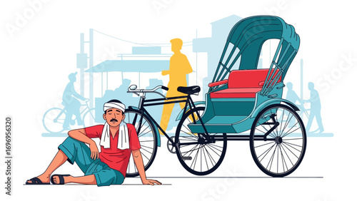 Cycle Rickshaw Resting: A cycle rickshaw sits idle on a bustling city street, with its driver taking a moment's respite, painted in a charming vector illustration. 