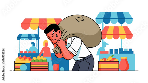 Market Burden: A person burdened with a heavy sack navigates a vibrant market, showcasing the challenges of labor and the essence of trade.