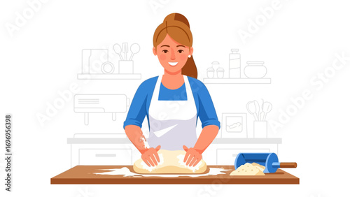 Baking with Joy: A cheerful woman, adorned in an apron, kneads dough with focused enthusiasm at her kitchen table, crafting delectable baked goods with skill and passion.