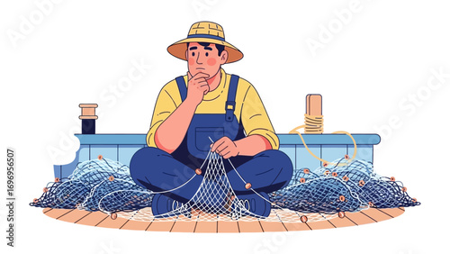 Thinking Fisher's Net: A contemplative fisher meticulously repairs his net, lost in thought, reflecting on the day's catch and the vast expanse of the sea.