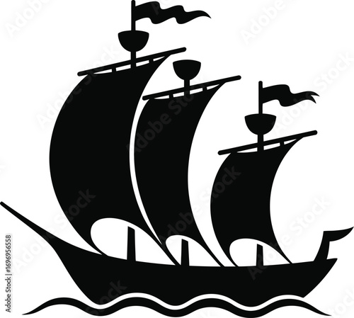 Silhouette of a majestic sailing ship with full sails on wavy sea waves