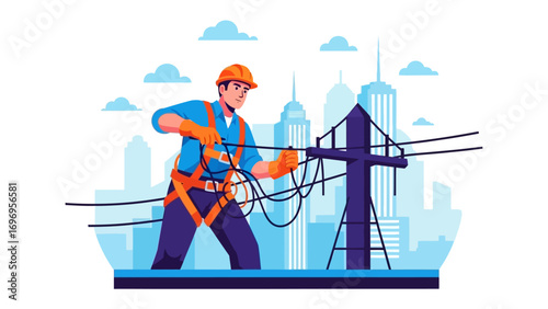 Electrical Technician at Work: An electrical technician working on power lines in urban, flat style graphic