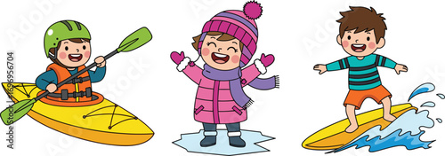 Cartoon children outdoor activities, kayaking, surfing, winter fun, sports, adventure, seasonal recreation, water, snow, energy, white background