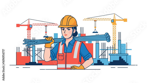 Construction worker: A determined construction worker is carrying the steel rebar at the construction site, embodying strength, hard work and dedication. She is a symbol of progress and innovation.