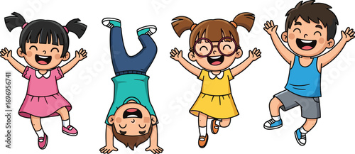 Cartoon children playing, joyful kids jumping, handstand boy, smiling girl, fun celebration, cheerful energy, happiness, childhood, white background