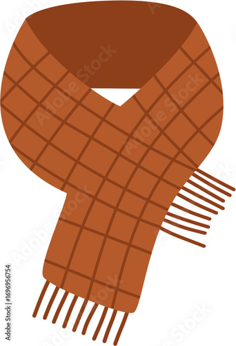 Warm brown scarf with checkered pattern and fringed edges for winter.