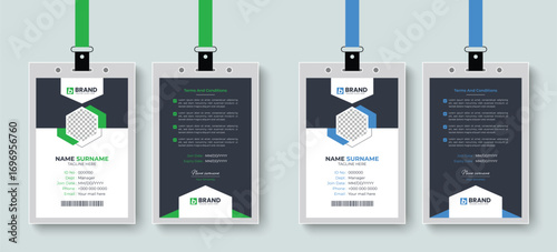Creative corporate company office employee id card or identity card design layout with blue and green color. Professional design for corporate business identification card, staff card.