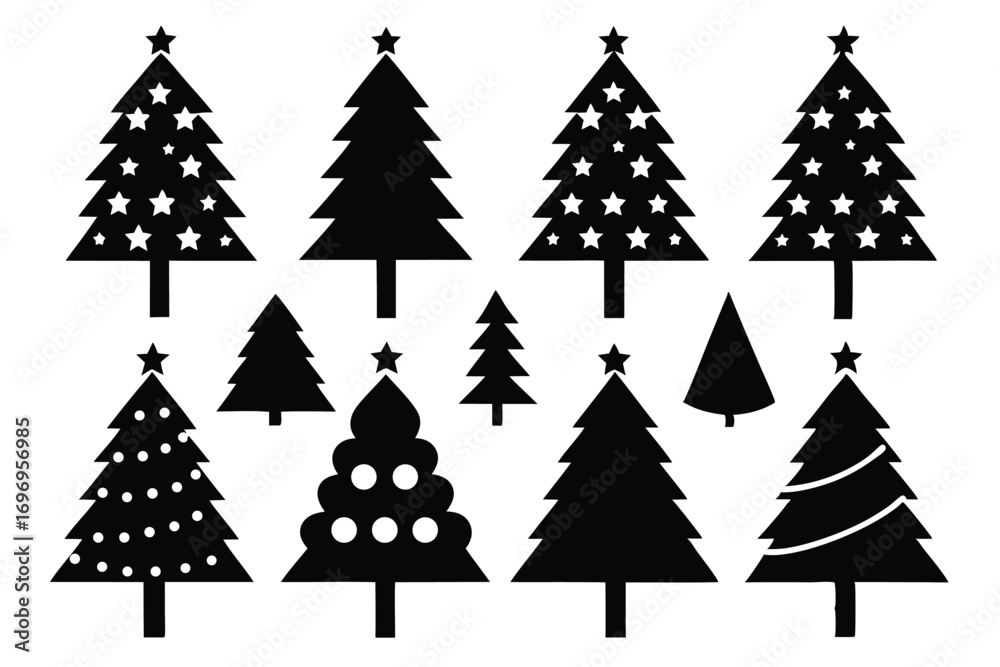 Obraz premium Black Silhouette Christmas Trees, Various Shapes, Decorations, and Styles for Holiday Designs and Crafts