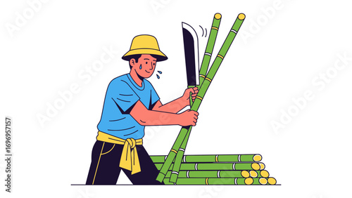 Bamboo Harvest: A depiction of a dedicated individual, clad in work attire, meticulously cuts bamboo stalks with a machete.