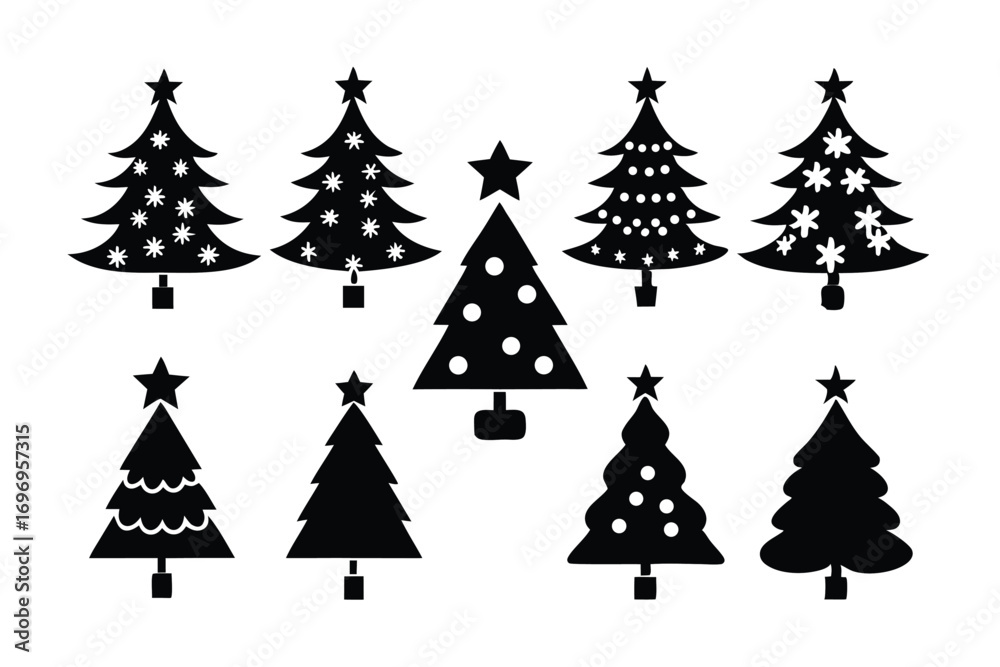 Obraz premium Eight Black Christmas Tree Silhouettes Featuring Stars, Ornaments, and Snowflake Patterns for Holiday Decor