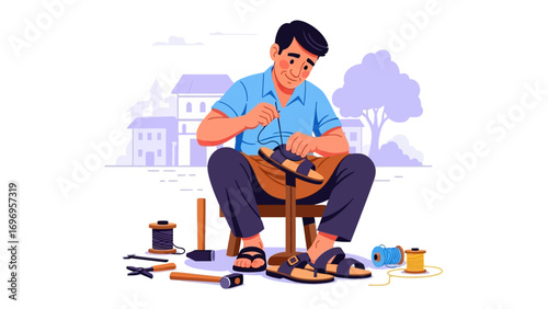 Artisan Crafting Sandals: A skilled artisan meticulously crafts a sandal, showcasing traditional shoemaking techniques with a focus on detail and precision.