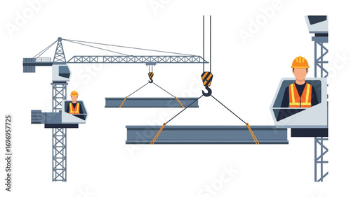 Construction Crane at Work: a vivid depiction of crane operation, with workers ensuring safe and efficient steel beam transfer.