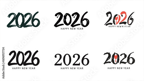 Stylish Handwritten 2026 New Year Designs:  Six Variations, Black & Red, White Background