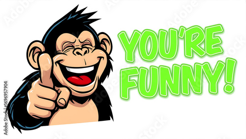Playful Chimpanzee Cartoon Character Points at Viewer, "You're Funny!"  Bright Green Text, Humorous Illustration.