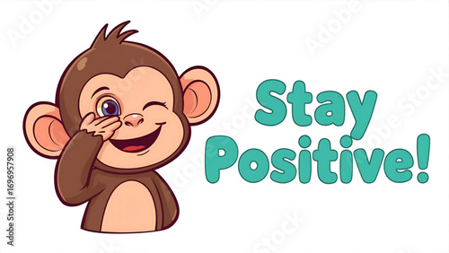 Playful Cartoon Monkey Winking, "Stay Positive!" Message, Cheerful, Upbeat Illustration, Vector Graphic