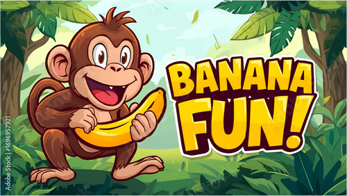 Happy Cartoon Monkey Holding Banana in Lush Jungle; Playful, Fun Illustration