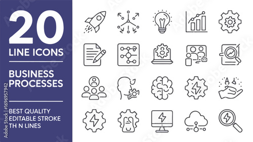 Business process icons collection rocket graph lightbulb gear line art