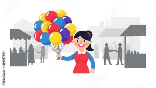 Balloons seller smiling joyfully in town: a cheerful image of a seller in a town, radiant smile on her face, holding a bunch of balloons. the city atmosphere and festive atmosphere.