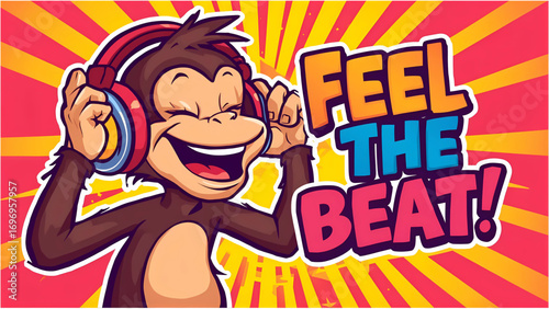 Joyful Cartoon Monkey with Headphones:  Groovy Music Illustration, Vibrant Colors, Energetic Vibe.