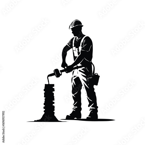 black and white silhouette line art of a labor construction worker operating a drill vector illustration