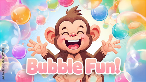 Joyful Cartoon Monkey Playing with Colorful Bubbles:  Happy, Whimsical Illustration for Children's Products
