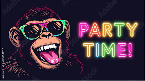 Groovy Chimpanzee in Sunglasses: Neon Party Time!  Vibrant Vector Illustration