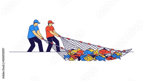 Cooperative Fishing: Two figures engage in teamwork, using fishing net filled with color and representing collective efforts. Capturing the essence of collaboration and resource management.