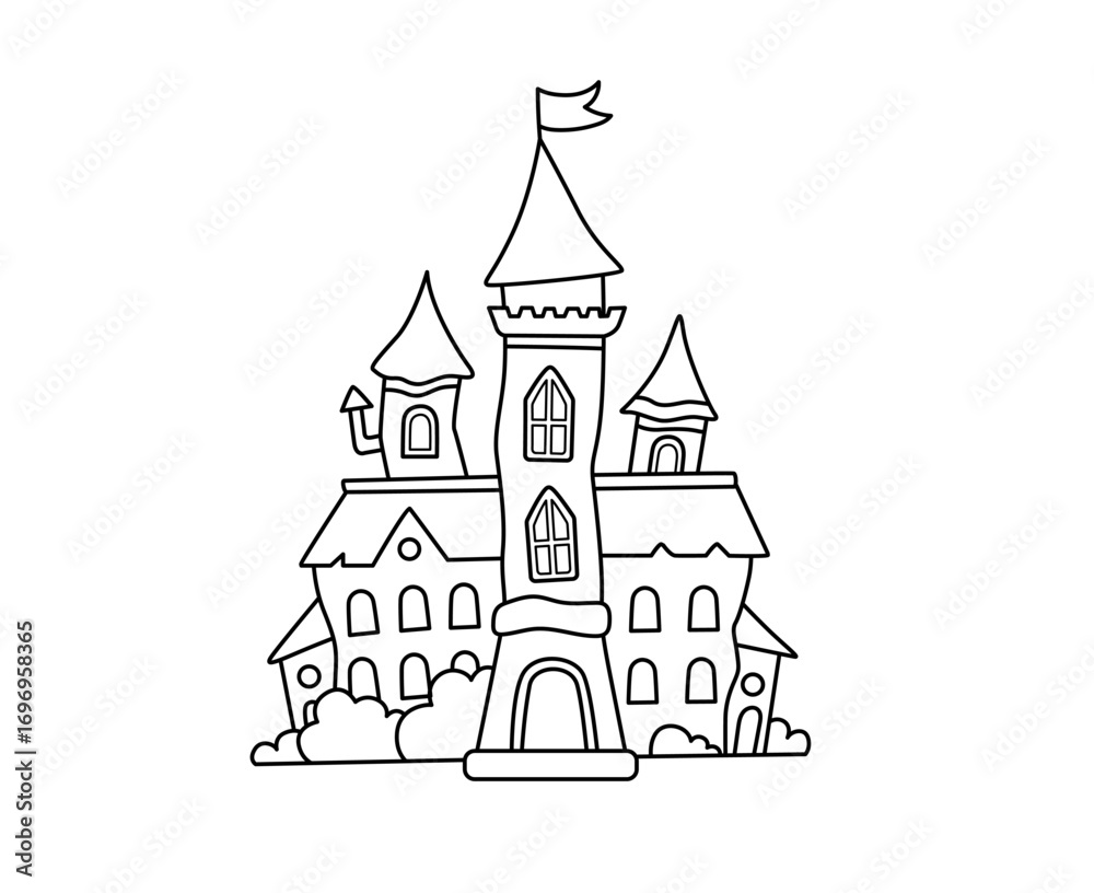 Fototapeta premium Halloween castle. Old gothic tower. Fairytale ancient mansion. Cute cartoon graphic coloring book element. Outline contour vector isolated illustration.